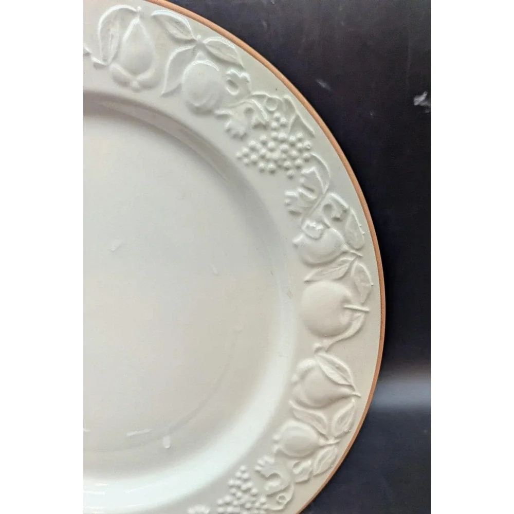 Set/4 Pier 1 Italian Pottery White Embossed Fruit Terra Cotta Edge Dinner Plate